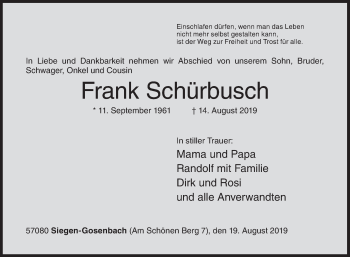 Traueranzeige von Frank Schürbusch von Siegener Zeitung