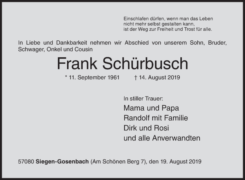  Traueranzeige für Frank Schürbusch vom 19.08.2019 aus Siegener Zeitung