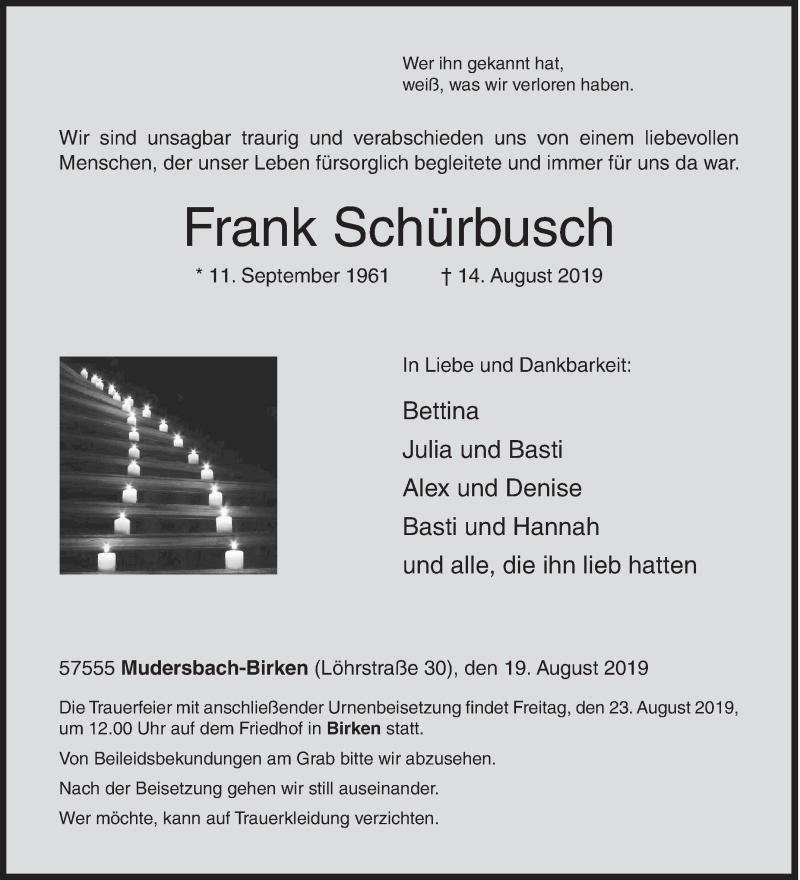  Traueranzeige für Frank Schürbusch vom 19.08.2019 aus Siegener Zeitung
