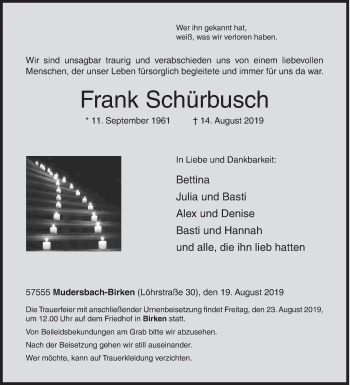 Traueranzeige von Frank Schürbusch von Siegener Zeitung