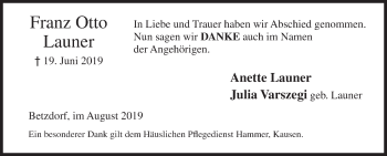 Traueranzeige von Franz Otto Launer von Siegener Zeitung