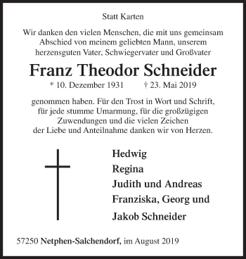 Traueranzeige von Franz Theodor Schneider von Siegener Zeitung