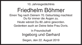 Traueranzeige von Friedhelm Böhmer von Siegener Zeitung