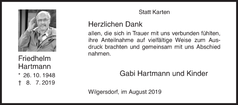  Traueranzeige für Friedhelm Hartmann vom 24.08.2019 aus Siegener Zeitung