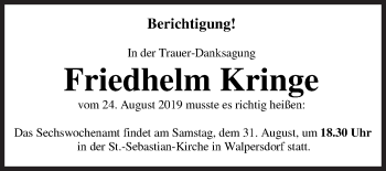 Traueranzeige von Friedhelm Kringe von Siegener Zeitung