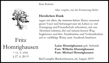 Traueranzeige von Fritz Homrighausen von Siegener Zeitung