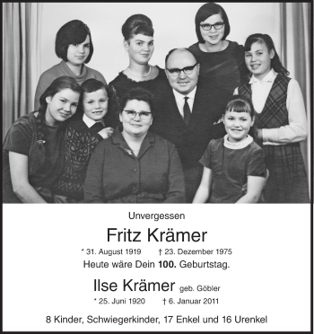 Traueranzeige von Fritz Krämer von Siegener Zeitung