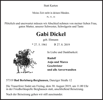 Traueranzeige von Gabi Dickel von Siegener Zeitung