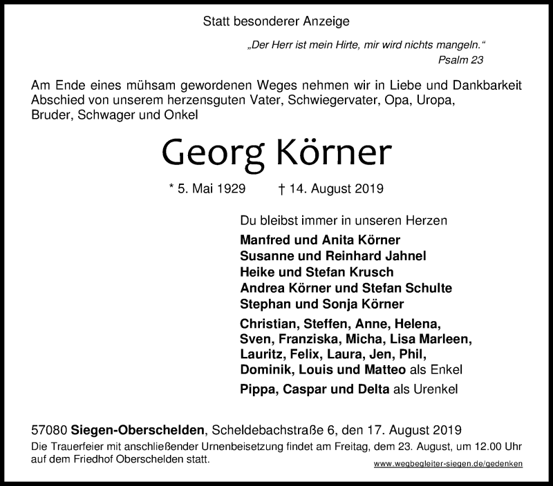  Traueranzeige für Georg Körner vom 17.08.2019 aus Siegener Zeitung