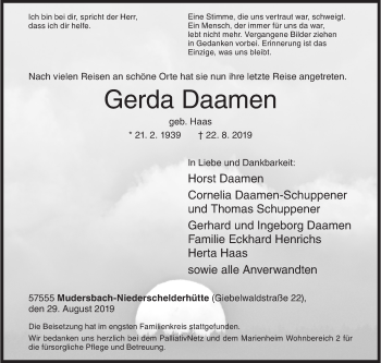 Traueranzeige von Gerda Daamen von Siegener Zeitung