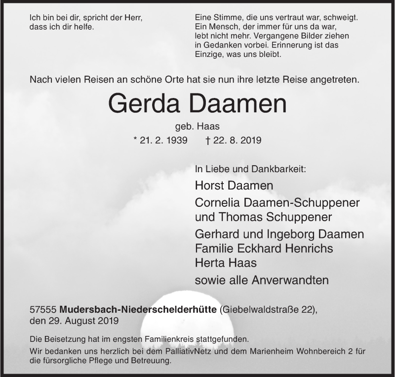  Traueranzeige für Gerda Daamen vom 29.08.2019 aus Siegener Zeitung
