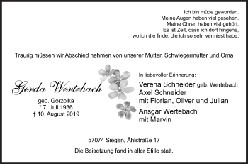 Traueranzeige von Gerda Wertebach von Siegener Zeitung