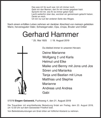 Traueranzeige von Gerhard Hammer von Siegener Zeitung