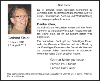 Traueranzeige von Gerhard Sieler von Siegener Zeitung