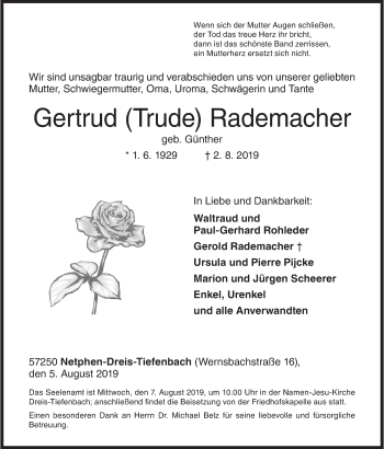 Traueranzeige von Gertrud Rademacher von Siegener Zeitung