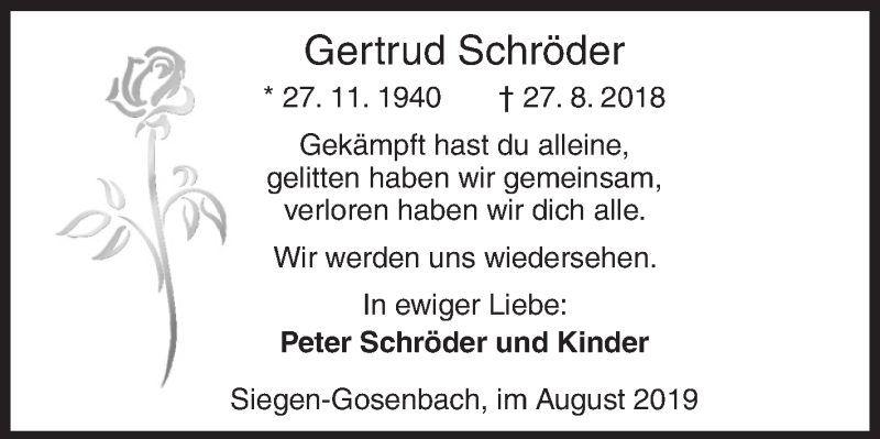  Traueranzeige für Gertrud Schröder vom 27.08.2019 aus Siegener Zeitung
