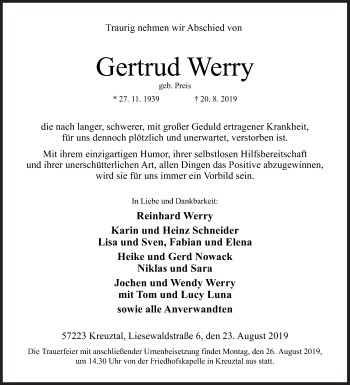 Traueranzeige von Gertrud Werry von Siegener Zeitung