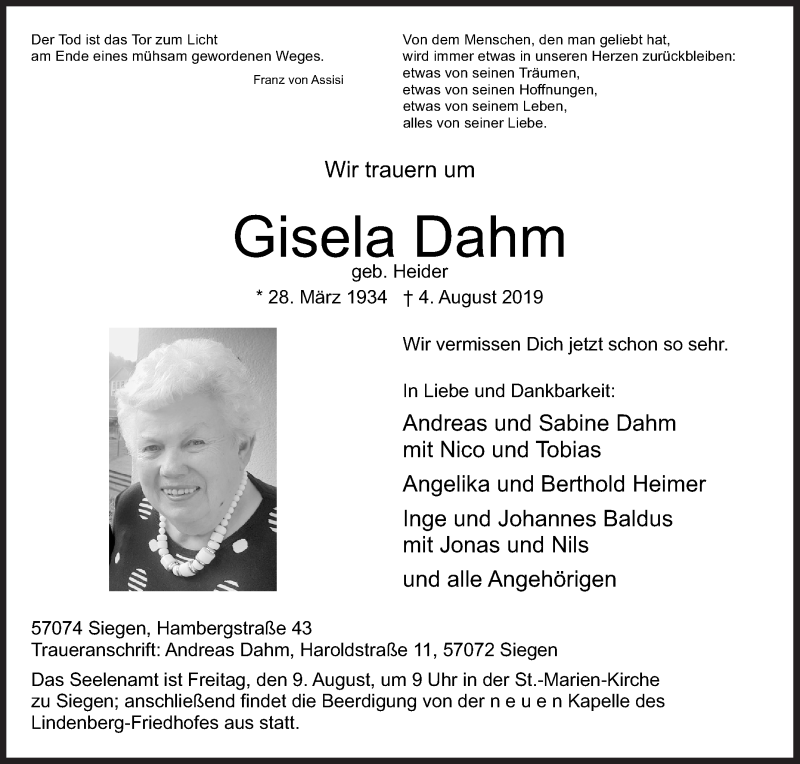  Traueranzeige für Gisela Dahm vom 06.08.2019 aus Siegener Zeitung