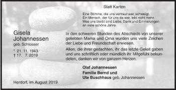 Traueranzeige von Gisela Johannessen von Siegener Zeitung
