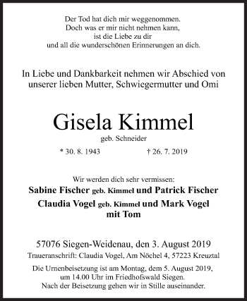 Traueranzeige von Gisela Kimmel von Siegener Zeitung