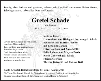Traueranzeige von Gretel Schade von Siegener Zeitung