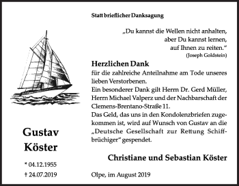 Traueranzeige von Gustav Köster von Siegener Zeitung