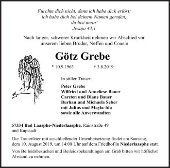 Traueranzeige von Götz Grebe von Siegener Zeitung