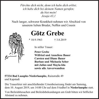 Traueranzeige von Götz Grebe von Siegener Zeitung