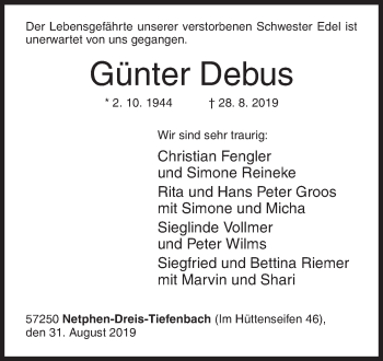 Traueranzeige von Günter Debus von Siegener Zeitung
