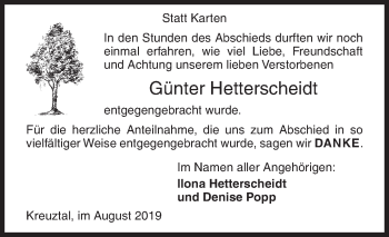 Traueranzeige von Günter Hetterscheidt von Siegener Zeitung