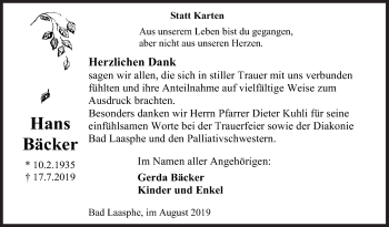Traueranzeige von Hans Bäcker von Siegener Zeitung