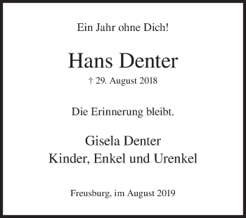 Traueranzeige von Hans Denter von Siegener Zeitung