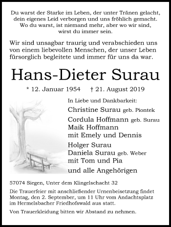 Traueranzeige von Hans-Dieter Surau von Siegener Zeitung