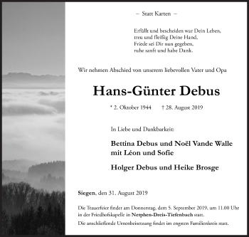 Traueranzeige von Hans-Günter Debus von Siegener Zeitung