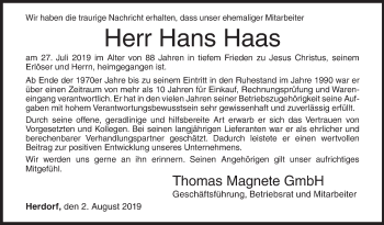 Traueranzeige von Hans Haas von Siegener Zeitung