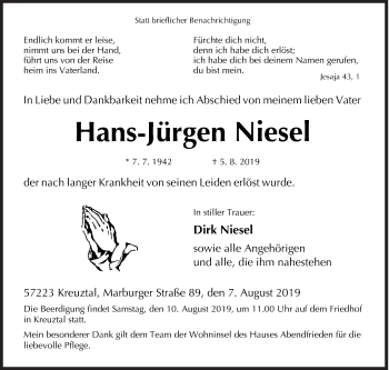Traueranzeige von Hans-Jürgen Niesel von Siegener Zeitung