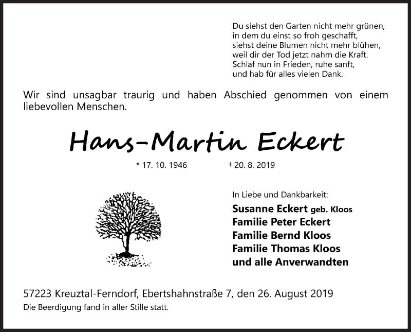  Traueranzeige für Hans-Martin Eckert vom 26.08.2019 aus Siegener Zeitung