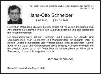 Traueranzeige von Hans-Otto Schneider von Siegener Zeitung
