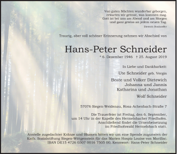 Traueranzeige von Hans-Peter Schneider von Siegener Zeitung