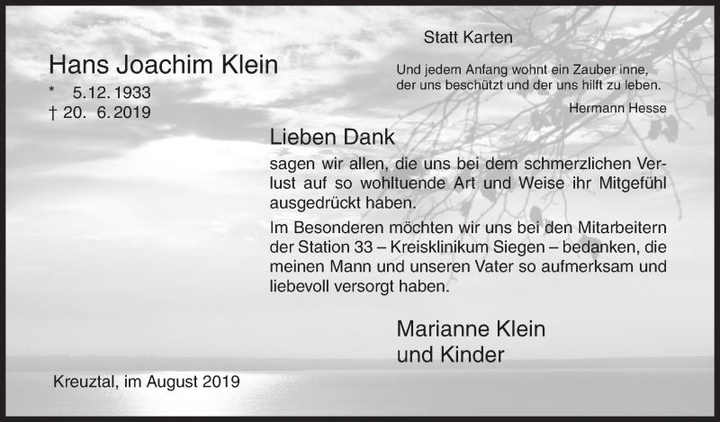  Traueranzeige für Hans Joachim Klein vom 14.08.2019 aus Siegener Zeitung