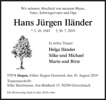 Traueranzeige von Hans Jürgen Iländer von Siegener Zeitung