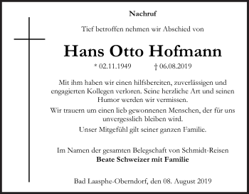 Traueranzeige von Hans Otto Hofmann von Siegener Zeitung