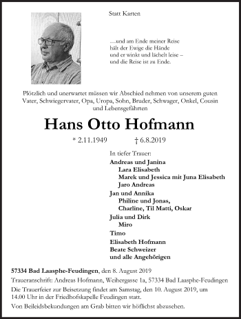 Traueranzeige von Hans Otto Hofmann von Siegener Zeitung