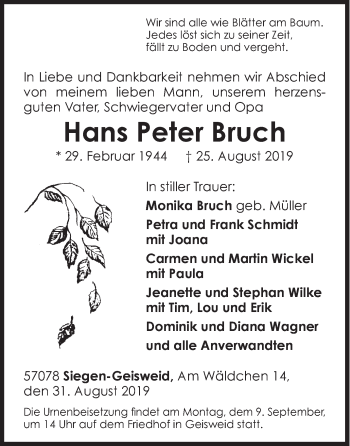Traueranzeige von Hans Peter Bruch von Siegener Zeitung