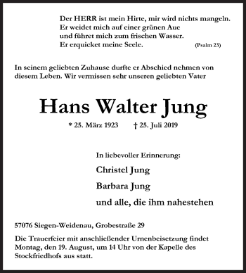 Traueranzeige von Hans Walter Jung von Siegener Zeitung