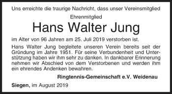 Traueranzeige von Hans Walter Jung von Siegener Zeitung