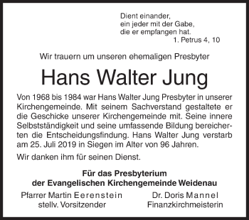 Traueranzeige von Hans Walter Jung von Siegener Zeitung