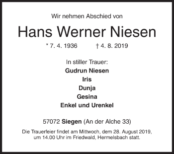 Traueranzeige von Hans Werner Niesen von Siegener Zeitung