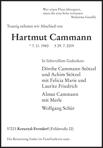 Traueranzeige von Hartmut Cammann von Siegener Zeitung