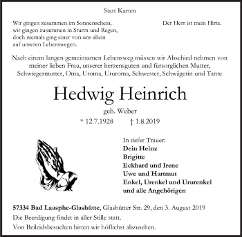 Traueranzeige von Hedwig Heinrich von Siegener Zeitung